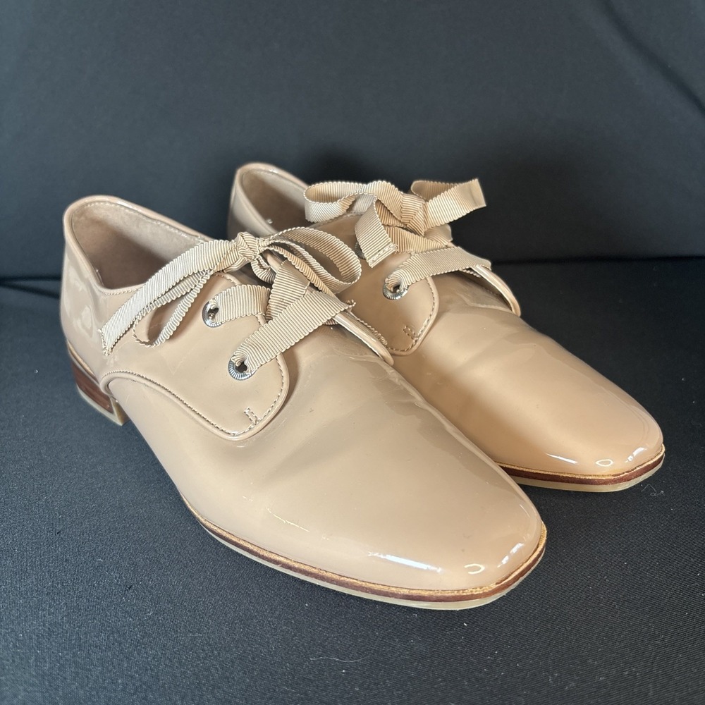 Women's Aldo Squared Toe Patent Leather Beige Oxyfords, Ribbon Lace, Size 9